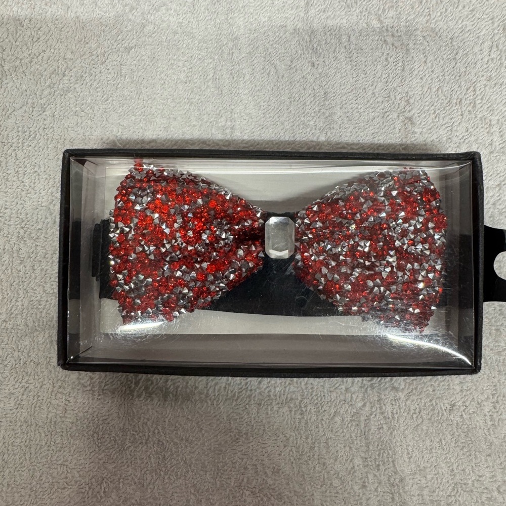 Men’s Red & Silver Rhinestone Bow Tie Crystal Bling Formal Wedding Prom Party